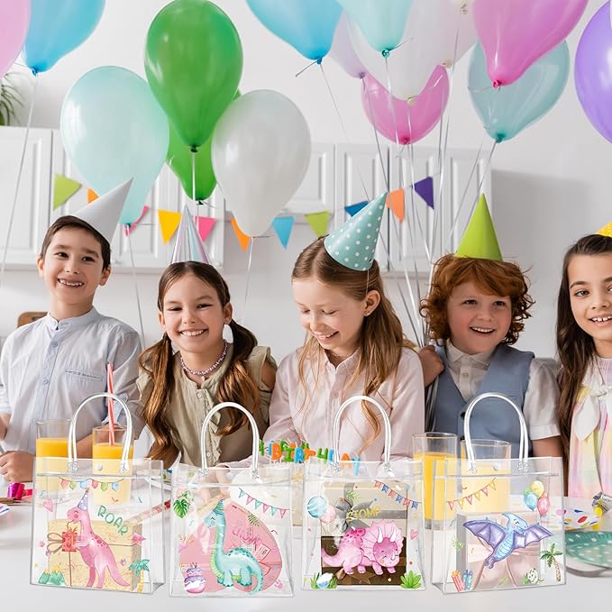 Aliceset 20 Pcs Pink Dinosaur Clear Treat Bags with Handles Cute Watercolor Dinosaur Party Favor Dino Gifts Bags for Birthday Dino Theme Party Supplies Candy, 8 x 8 x 3.15 Inch