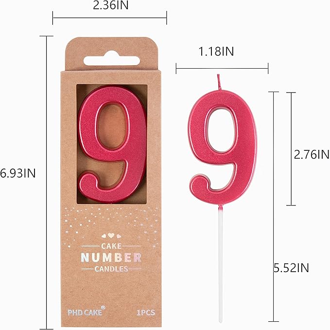 PHD CAKE 2.76 Inch Modern Red 9 Number Birthday Candles, Cake Candles for Party Celebration