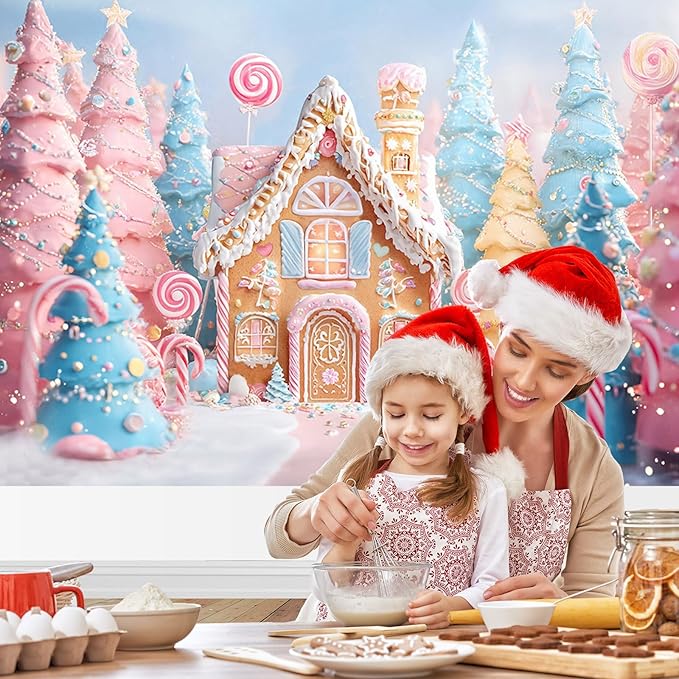 Mocsicka Christmas Candy House Backdrop Pink Candy Gingerbread Background for Photography Xmas Sweet Baby Shower Birthday Candyland Merry Christams Party Supplies (Pink, 10x7ft(120"x82"))