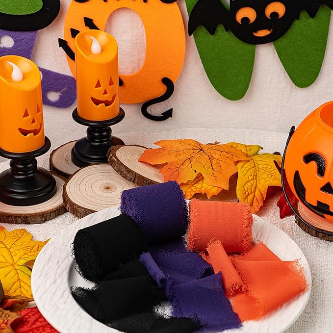 Halloween Ribbon, Black Orange Purple Silk Chiffon Ribbon, 1-1/2''x21Yd Handmade Frayed Fringe Ribbon for Wrapping, Halloween Party Supply, Floral Vase Decor, Birthday, 3 Rolls