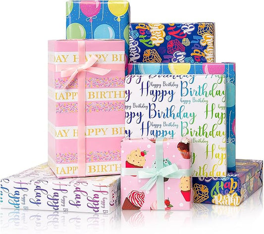 Larcenciel Birthday Wrapping Paper Set - 5 Sheets and 5 Silk Ribbons, Colorful Cupcake Balloon Gift Wrapping Paper, Glossy Coated Gift Wrap for All Girls Boys Women Men Birthdays Party (27.5x19.6inch)