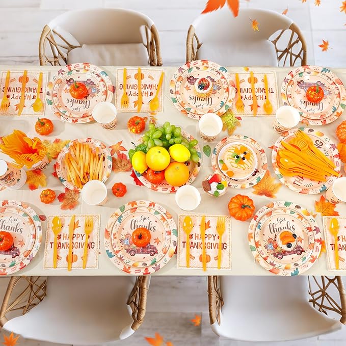 Potchen 452 Pcs Party Supplies Serve 50 Guests, Paper Plates Napkins Cups Cutlery Plastic Tablecloth Dinnerware for Birthday Wedding Party Decoration (Harvest Color, Happy Thanksgiving)