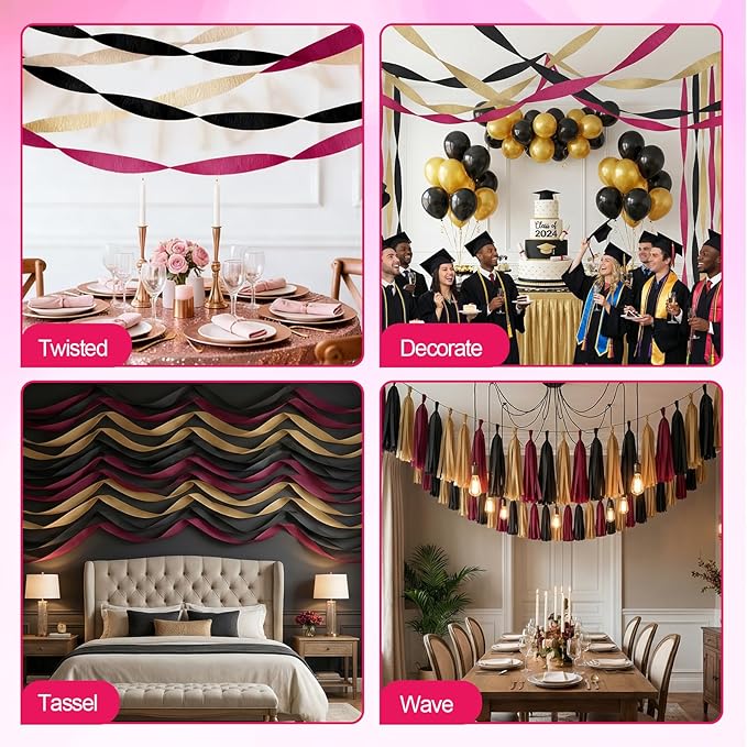 Crepe Paper Streamers 9 Rolls 738ft, Pack of Burgundy, Gold and Black Crepe Paper for Party Casino Graduation Birthday Baby Shower Decorations, 1.77 Inch x 82 Ft/Roll
