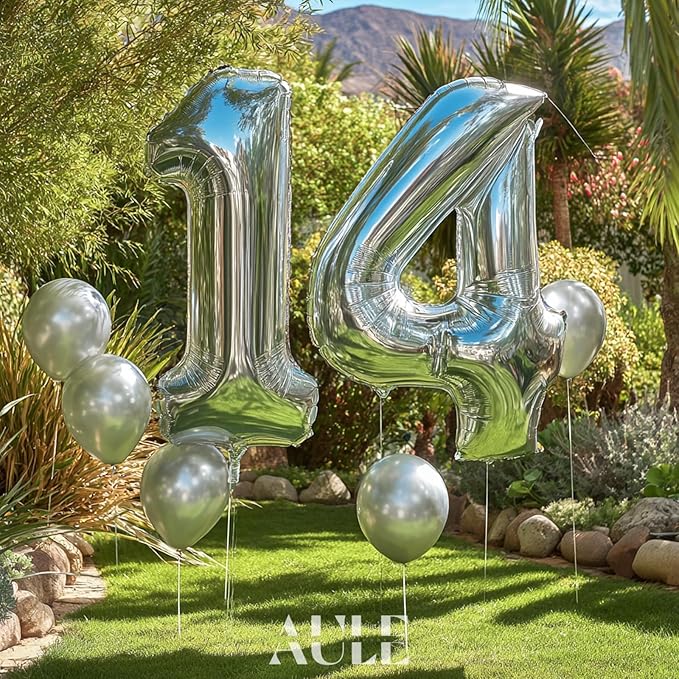 AULE 40 Inch Large 14 Balloon Numbers Silver, Big Foil Number Balloons, Giant Helium Happy 14th Birthday Party Decorations for Boy and Girl, Huge Mylar Anniversary Party Supplies