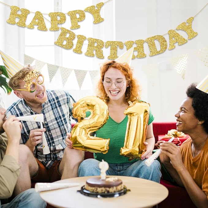 Gold Happy Birthday Banner Birthday Party Decorations Happy Birthday Banner Bunting Garland Sign for Kids Boys Girls Adults Birthday Baby Shower Celebration Party Backdrops Supplies
