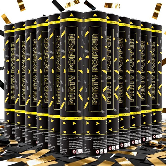 Confetti Poppers 12 Pack Confetti Cannon Black and Gold Party Confetti 12 inch Metallic Foil Golden Black Confetti Party Poppers Confetti Shooters for Birthday Wedding Graduation Christmas New Year