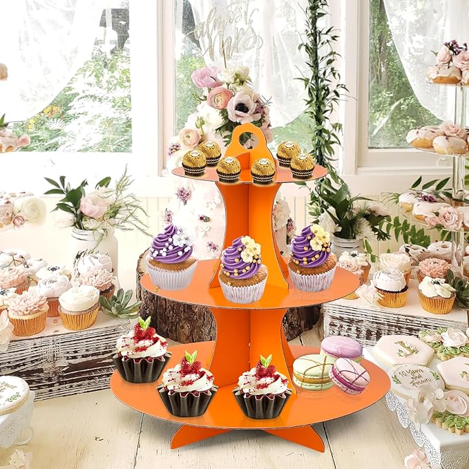 Soleebee 3-Tier Round Cupcake Stand, Cardboard Cupcake Tower, Dessert Cup Cake Stand Tower for Birthday Wedding Party Decoration, Cupcake Tier Stand 1 Set (Orange)
