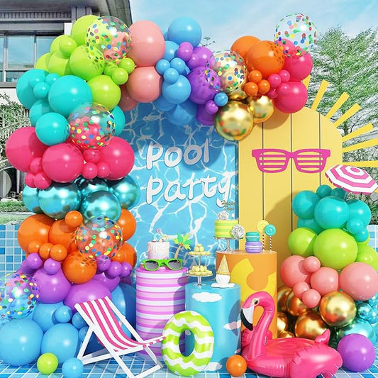 Multicolor Neon Balloon Arch Garland Kit, Assorted Color Blue Purple Orange Green Pink Green Gold Rainbow Balloon Garland, Colorful Balloon Arch Kit for Kids Carnival Summer Birthday Party Decorations