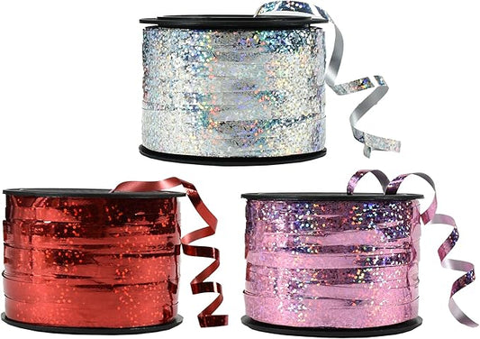 BEISHIDA Red Pink Silver Curling Ribbons Balloon String Ribbons - 3 Pack 100 Yards for Gift Warppping Valentine Day Birthday Mother's Day Pink Party Decorations