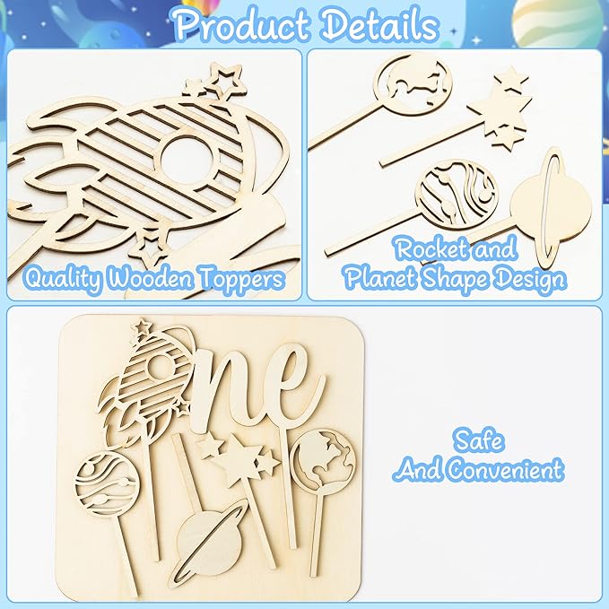 Birthday Cupcake Toppers Decorations - 5 Pcs Outer Space Wood ONE Cake Toppers Kids' 1st Birthday Baby Shower Party Cake Toppers Glitter Star Planet Cake Picks Decorations Featuring Food Safe