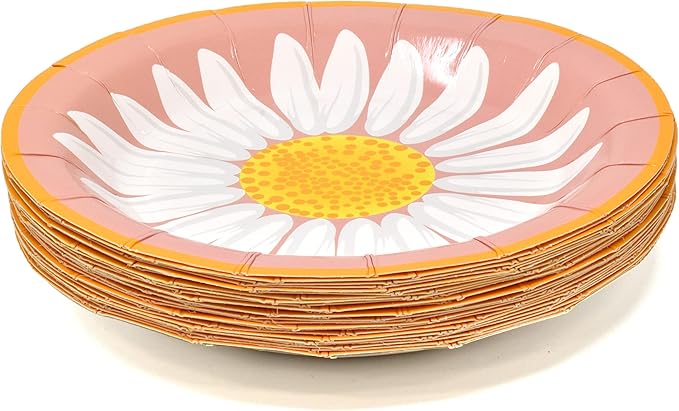 Gift Boutique Daisy Flower Party Supplies Tableware Set 9" 7" Paper Plates Cups Napkins Floral Summer Spring Groovy Birthday Disposable Dinnerware Serves 24