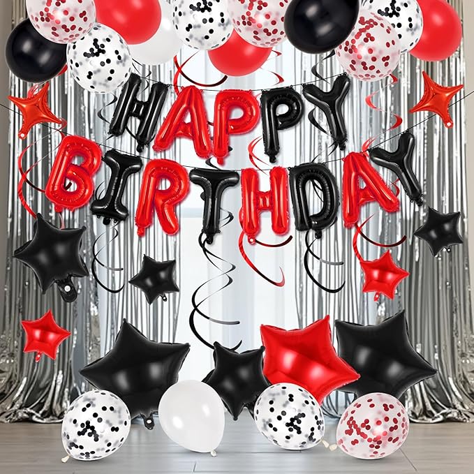55 Pcs Happy Birthday Balloons Letters Banner with 35 Pcs Star Foil Balloon, 20 Pcs Latex Balloons, 6 Hanging Swirls for Women Men Boys Girls Birthday Party Decorations Set ﻿ (Black and Red)