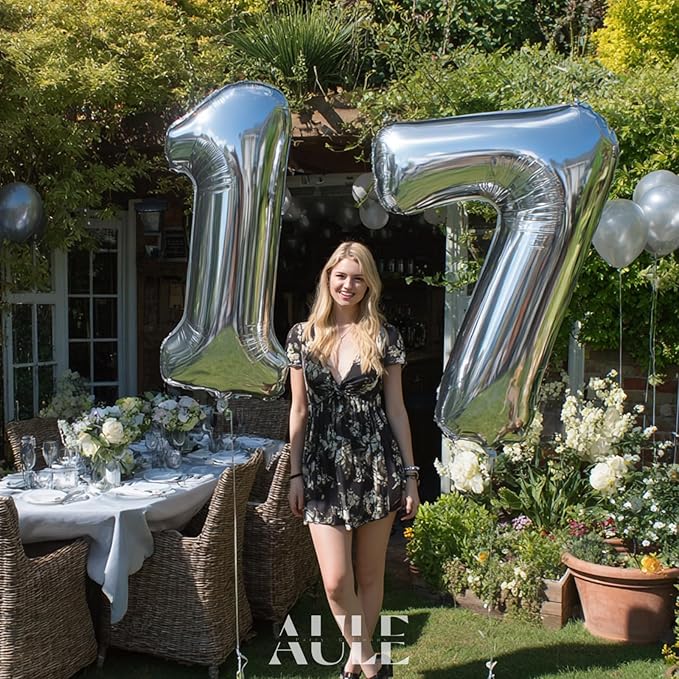 AULE 40 Inch Large 17 Number Balloons Silver, Big Foil Number Balloons, Giant Helium Happy 17th Birthday Party Decorations for Boy and Girl, Huge Mylar Anniversary Party Supplies
