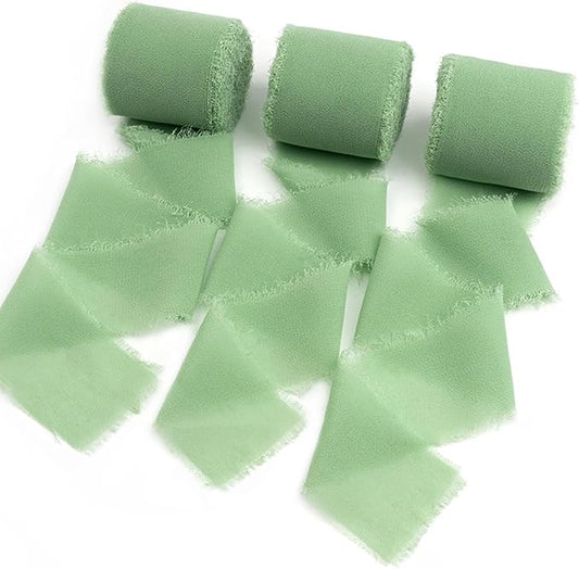 Chiffon Ribbon, Sage Green Silk 1.5''x21Yd Handmade Frayed Fringe Ribbons for Wrapping, DIY Bows, Invitations, Bridal Bouquets, Crafts, Birthday, Wedding, Engagement, Party Decoration, 3 Rolls