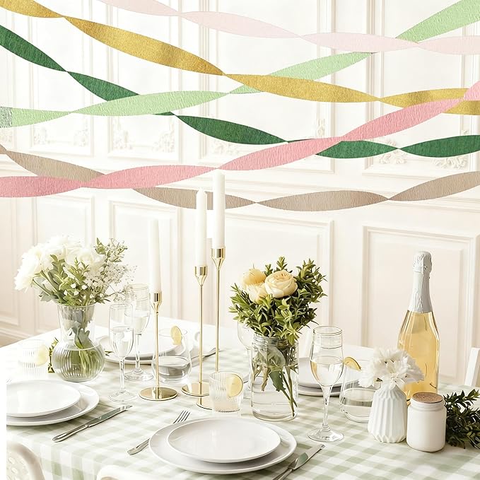 Crepe Paper Streamers Party Decorations - 6 Rolls Grass Green Gold Pink Olive Green Beige Khaki Streamers, Crepe Paper Rolls for Birthday Wedding Party