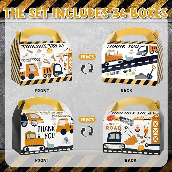 DjinnGlory 36 Pack Cute Construction Party Favor Treat Boxes, Small Gable Boxes for Kids Parties Giveaways and Small Business 6.18x3.58x3.39 Inches