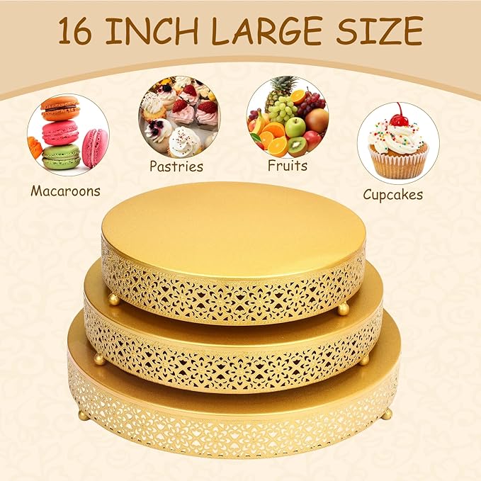 3 Piece Cake Stands Set 16'' 14'' 12'' Round Metal Cake Stands Cupcake Stand Riser Pastry Candy Display Plate for Dessert Table Wedding Event Birthday Anniversary Party (Gold)