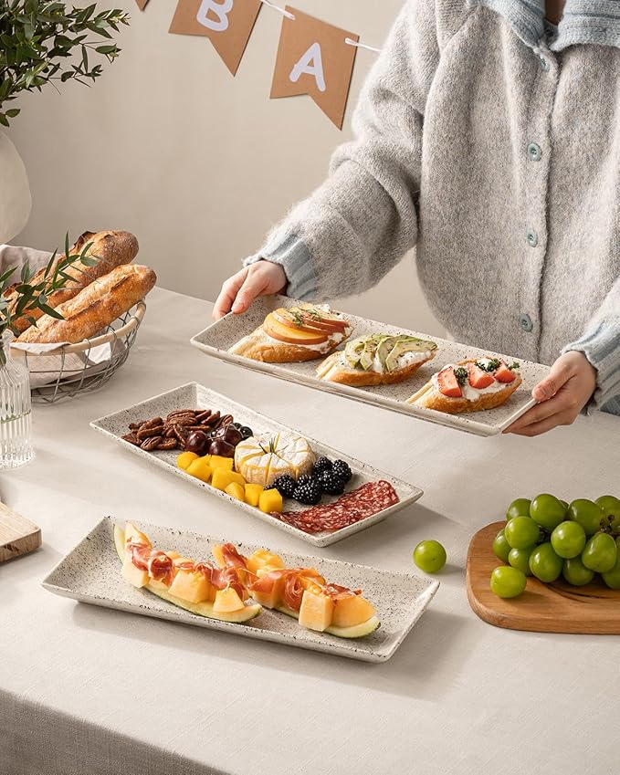 LAUCHUH 3 Tier Serving Trays for Party, 14 inch Porcelain Tiered Tray Stand Serving Platter with Collapsible Sturdier Rack Serving Dishes for Father's Day Entertaining, Speckled Glaze