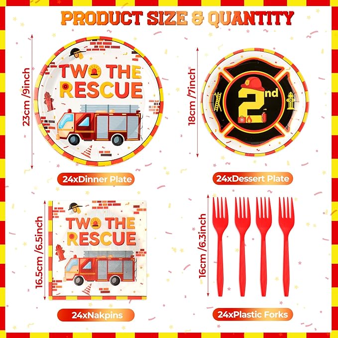 Haooryx Two the Rescue Party Tableware - 96Pcs Firefighter 2nd Birthday Decoration Red Yellow Fire Truck Themed Disposable Plates Napkins Forks for Kids 2 Years Old Birthday Party Table Decor Supply