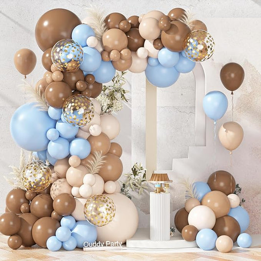 Brown Coffee Blue Balloons Garland Arch Kit, 142Pcs Boho Nude Baby Blue Neutral Balloons We Can Bearly Wait Baby Shower Decorations for Boy Gender Reveal Birthday Wedding Party Supplies