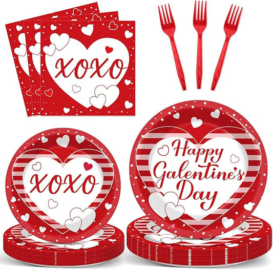 Qyeahkj 100pcs Galentine's Day Party Supplies Valentine's Day Paper Plates Disposable Red Tableware for Romantic Girls Ladies Party Decorations Serve 25