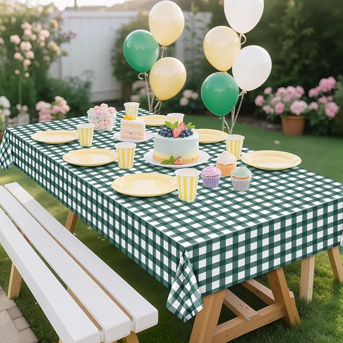 1 Pack Sage Green Striped Gingham Tablecloths, 54 x 108 Inch Disposable Plastic Rectangle Table Covers, Waterproof Checkered Sage Green Table Cloths for Picnic, Birthday, Party, Outdoor Events