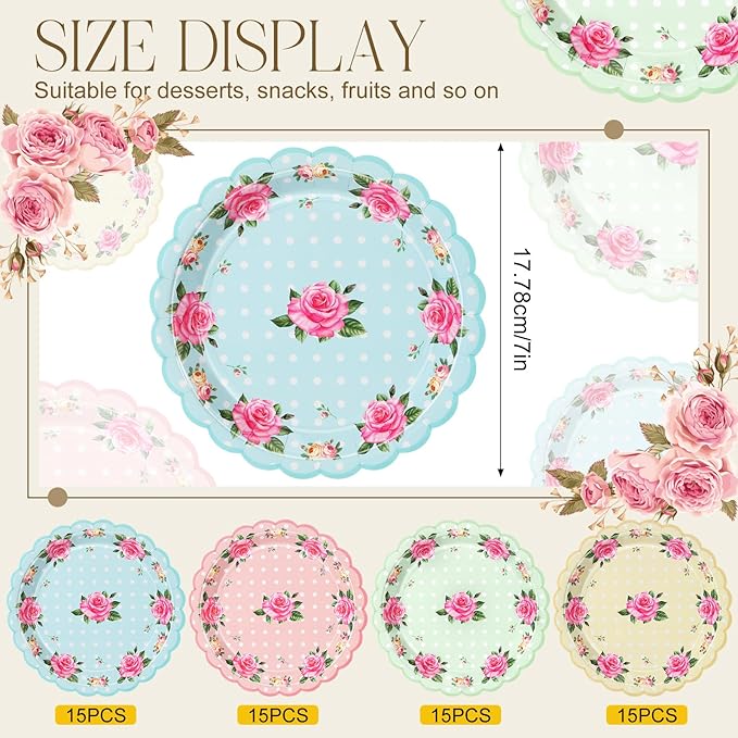 Umigy 100 Pcs Mother's Day Tea Party Decorations 7 Inch Floral Paper Plates Disposable Blossom Dessert Saucers Sets Floral Dessert Dishes for Girls Women Birthday Party Supplies