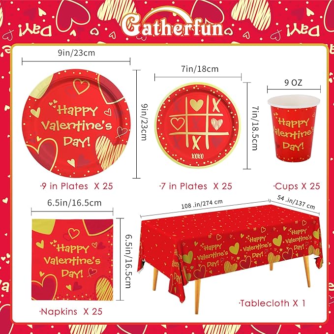 Valentine's Day Party Supplies Red Heart Love Disposable Paper Plates Napkins Cups plastic Tablecloth for Valentine's Day, Engagements, Anniversary, Birthday Party Serve 25