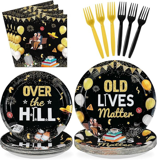 96Pcs Old Lives Matter Decoration Over The Hill Birthday Plates and Napkins Gold Black Funny Retirement Decoration Favor for Men Women 50th 60th 70th 80th Retirement Birthday Party Supplies Serves 24