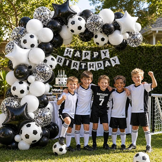 Soccer Balloons, 12Inch Black White Soccer Printed Latex Balloons, 18 Inch Black and White Star Foil Balloon with Confetti Helium Balloon for Sport Football Theme Boy Men Birthday Party Decorations