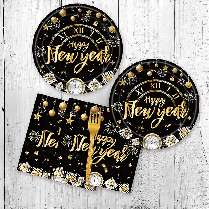 72Pcs Happy New Year Paper Plates and Napkins Black & Gold Party Plates 2026 New Year Party Supplies Tableware Set for New Year's Eve Holiday Decorations