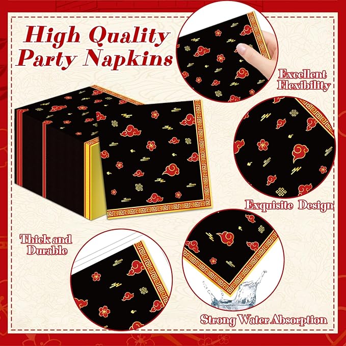 Qyeahkj 100 Pcs Hibachi Party Supplies Paper Plates and Napkins Set Disposable Japanese Tableware Decorations for Spring Festival Japanese Hibachi Theme Chinese Party Favor Baby Shower Serve 25 Guests