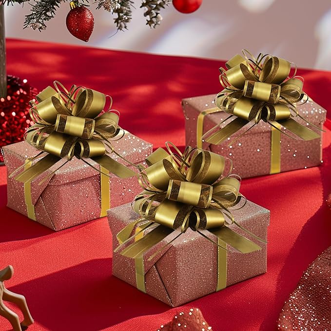 6pcs 7 Inch Pull Bows Gold Gift Wrap Bows for Gift Wrapping, Ribbon, Basket, Flower, Christmas, New Year, Birthday, Graduation, Party Decorations