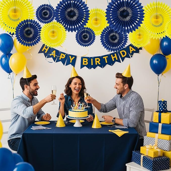 BEISHIDA Navy Blue Yellow Tissue Hanging Honeycomb Round Paper Fans Decoration Set for Graduation Birthday Baby Shower Bachelorette Wedding Photo Backdrops Anniversary Paper Party Supplies(12 Packs)