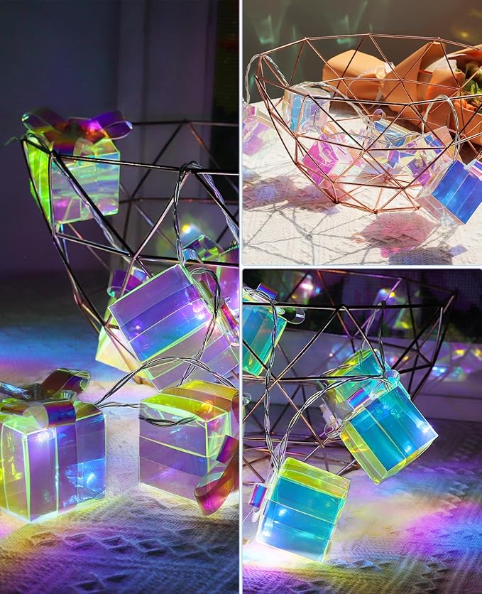AceList Iridescent Gift Box String Lights Indoor 20 LED 9.84ft Holographic Lights with 8 Modes Battery & USB Powered Present Shape Fairy Lights for Birthday Christmas Wedding Decor