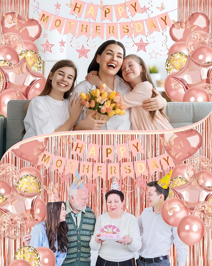 Lutoys Rose Gold Happy Mothers Day Decorations, Happy Mother’s Day Banner, Rose Gold Foil Heart Star Confetti Balloons Curtain Backdrop Hanging Swirls Party Decor for Mom Women