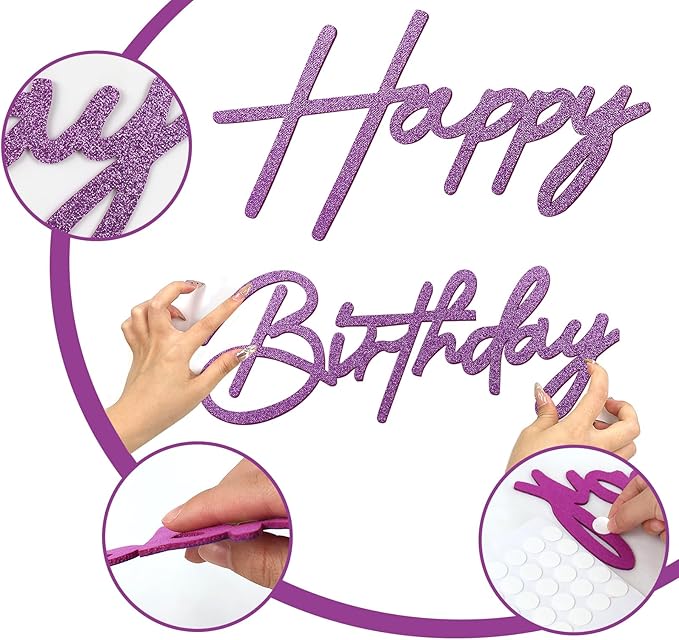 Happy Birthday Sign for Backdrop - Glitter Purple Felt 'Happy Birthday' Letter Sign for Balloon Arch Backdrop Decorations
