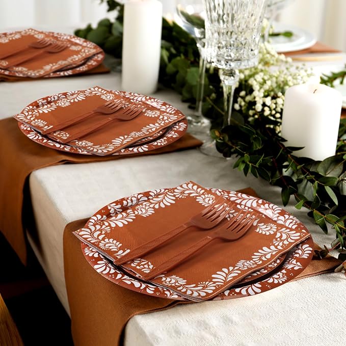 AmazingSpark 122 Pcs Brown Cielito Lindo Baby Shower Decoration Platos De Barro Mexicanos Fiesta Talavera Paper Plates Mexican Napkins Forks Tableware Set for Birthday Weeding Party Supplies, Serve 24