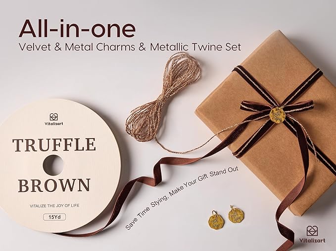 Vitalizart Brown Velvet Ribbon Set 3/8" Continuous Fabric Trim Thin Ribbon 15Yd for Gift Wrapping, Tree Ornaments, Vintage Christmas Paper, Crafts, Bows, Holiday Decor with Gift Twine