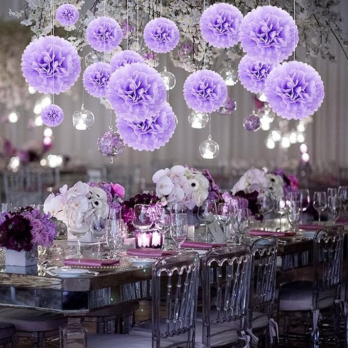 20 PCS Light Purple Tissue Paper Pom Poms Flowers, Sizes 6", 10", 12", 14" Hanging Paper Flower Ball for Wedding, Birthday, Halloween, Christmas, Baby Shower Party Decor