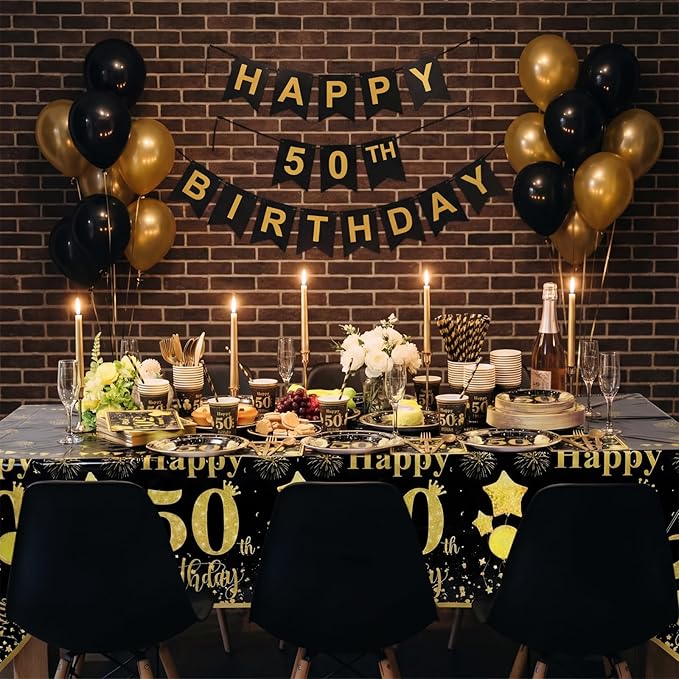 Ceenna 452 Pcs 50th Birthday Party Decoration Men for 50 Guests, Happy Black Gold 50th Birthday Paper Plates Napkins Cups Tablecloth Cutlery Straw Cheers to 50 Tableware Party Supplies for Women Men