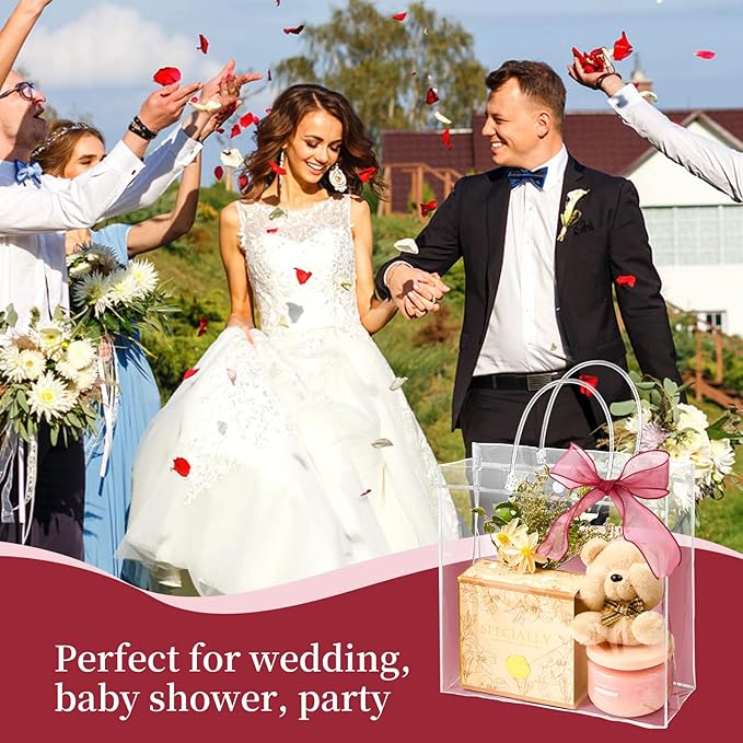 Jutieuo 20 PCS Clear Gift Bags with Handles, 9.8 x 9.8 x 3.5 Inches Reusable Plastic Goodie Bag Transparent Party Favor Bags Bulk for Weddings Birthdays Events, Classrooms & Celebrations
