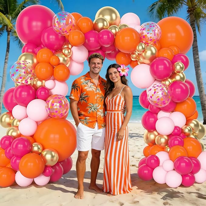 Amandir 153Pcs Pink and Orange Balloon Arch Kit, Different Sizes 18 12 10 5 Inch Metallic Gold Sunset Hot Pink Orange Confetti Latex Balloons Birthday Summer Tropical Graduation Party Decorations