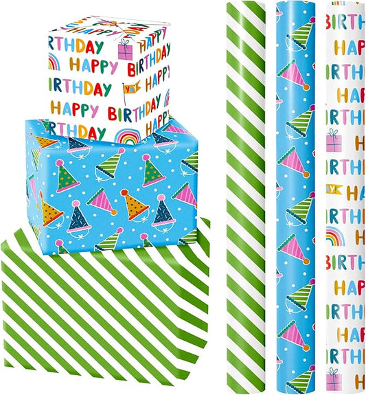 WRAPAHOLIC Mini Birthday Wrapping Paper Rolls - 3 Rolls, 17 Inch X 120 Inch Each - Happy Birthday Lettering and Stripe for Kids, Baby Shower