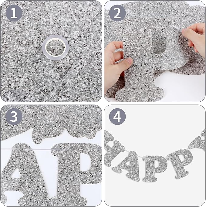 Silver Happy Birthday Banner Birthday Party Decorations Happy Birthday Banner Bunting Garland Sign for Kids Boys Girls Adults Birthday Baby Shower Celebration Party Backdrops Supplies