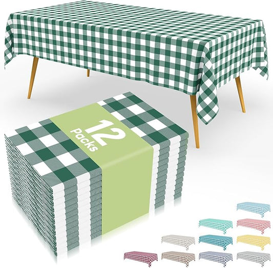 Smiry 12 Packs Gingham Disposable Table Cloth, 54 x 108 Inch Waterproof Plastic Tablecloth, Rectangle Hunter Green and White Checkered Table Covers for Picnic, Birthday, Party
