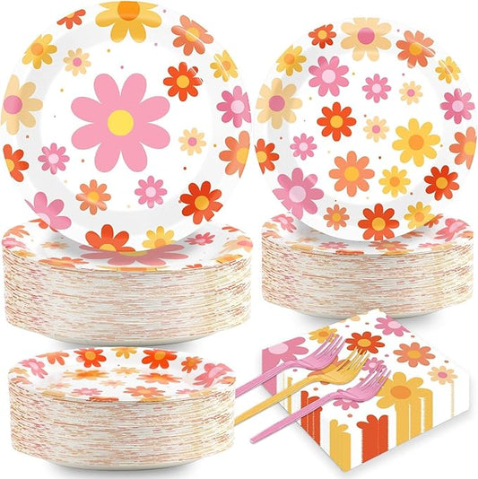 Qyeahkj 50 Guests Groovy Daisy Plates and Napkins Party Supplies Boho Hippie Party Decorations Disposable Tableware Set Retro Hippie Daisy Dinnerware Favor for Birthday Baby Shower,200PCS
