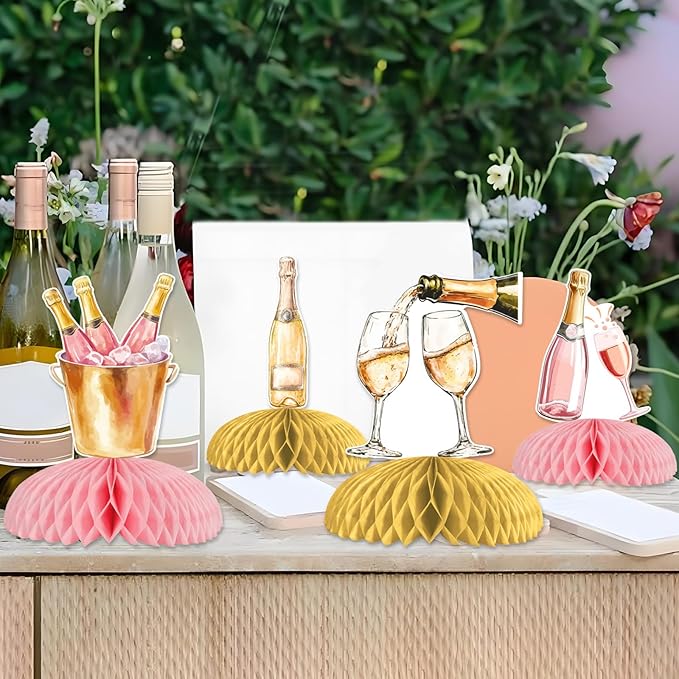Jollyboom Champagne Table Honeycomb Centerpieces, 8pcs Pink and Gold Champagne Party Decorations Table Honeycomb Centerpieces Wine Bottle Table Topper for Women Wine Themed Party Supplies
