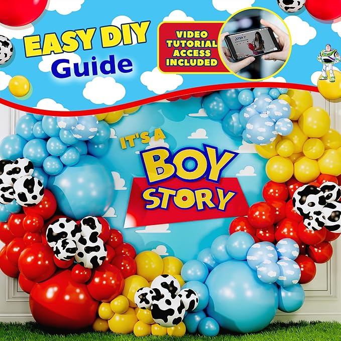 ALL-IN-1 Toy themed Balloons Arch Kit for It's A Boy Story Baby Shower Decorations – Boy Balloon Garland Kit with Cloud & Cow printed Balloons for First Toys Birthday Party Supplies