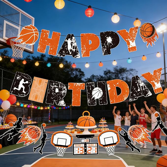 SUNBEAUTY Basketball Happy Birthday Banner Basket Ball Themed Party Decorations Sports Birthday Banner Basketball Party Supplies Slam Dunk Garland Birthday Sign for Kids Teenagers Boys Men